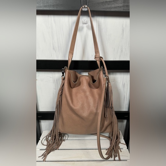 Tosca Blu FRINGED Big Nude Leather Satchel/Removable Crossbody Strap & Pouch - Picture 4 of 12